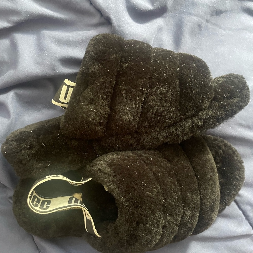 UGG Black Plush Slide Slippers with Branded Heel Strap